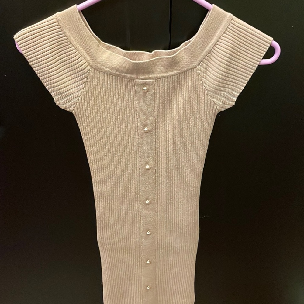 bebe off the shoulder tan sweater dress